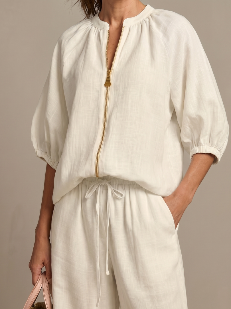 IRIS | FLATTERING ZIP-FRONT BLOUSON SET WITH FLOWING WIDE LEG