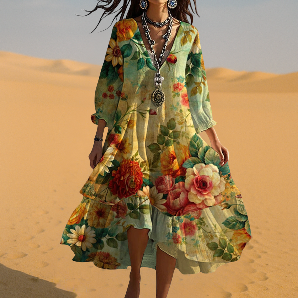 EMILIA | FLOWING FLORAL MIDI DRESS WITH REFINED SILHOUETTE