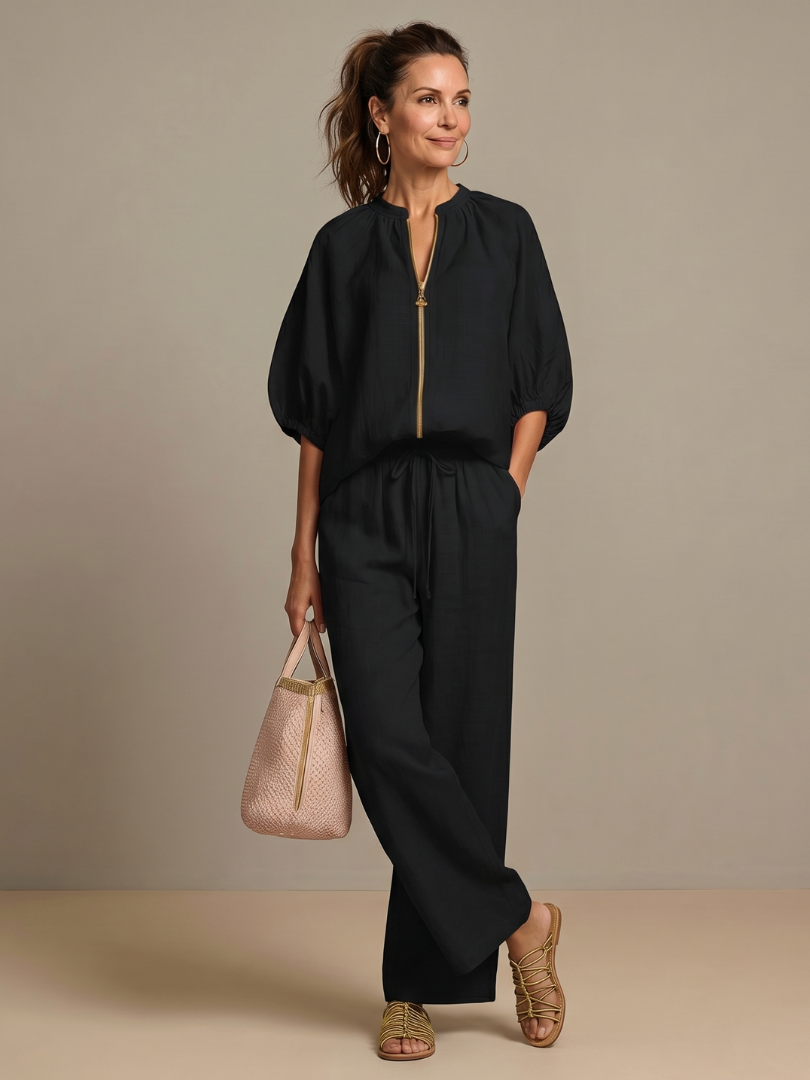 IRIS | FLATTERING ZIP-FRONT BLOUSON SET WITH FLOWING WIDE LEG
