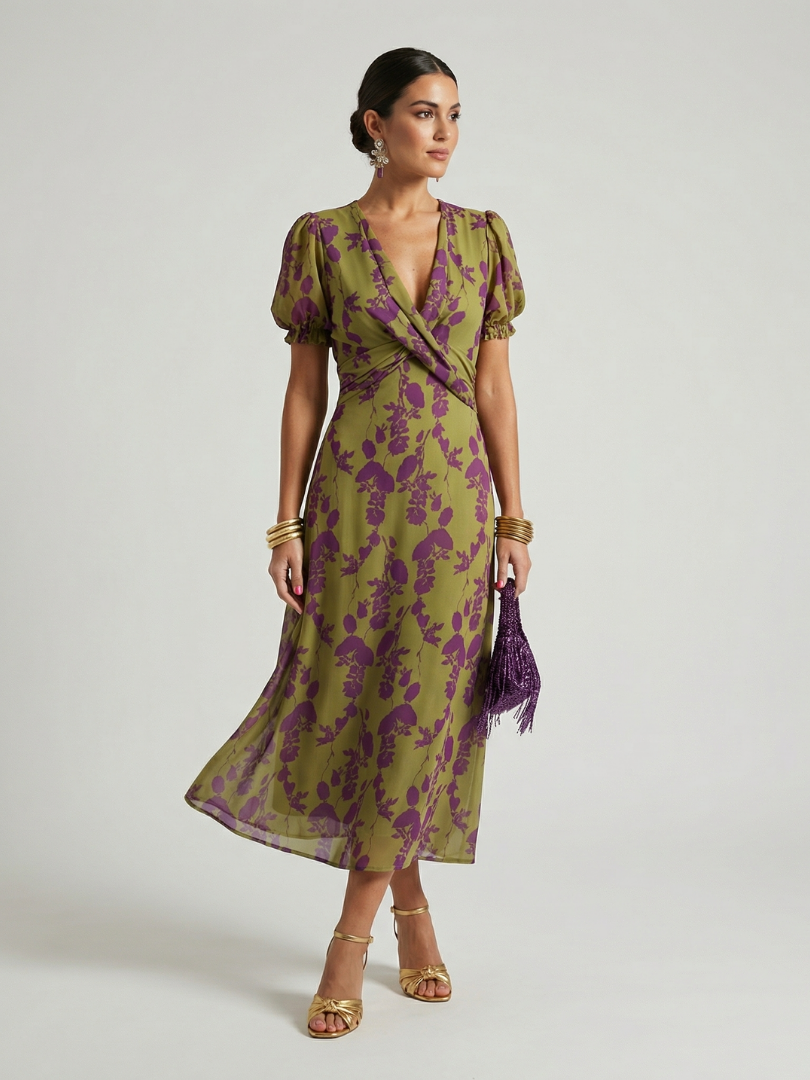 VIREL | ELEGANT FLORAL WRAP MIDI DRESS WITH FLATTERING SILHOUETTE