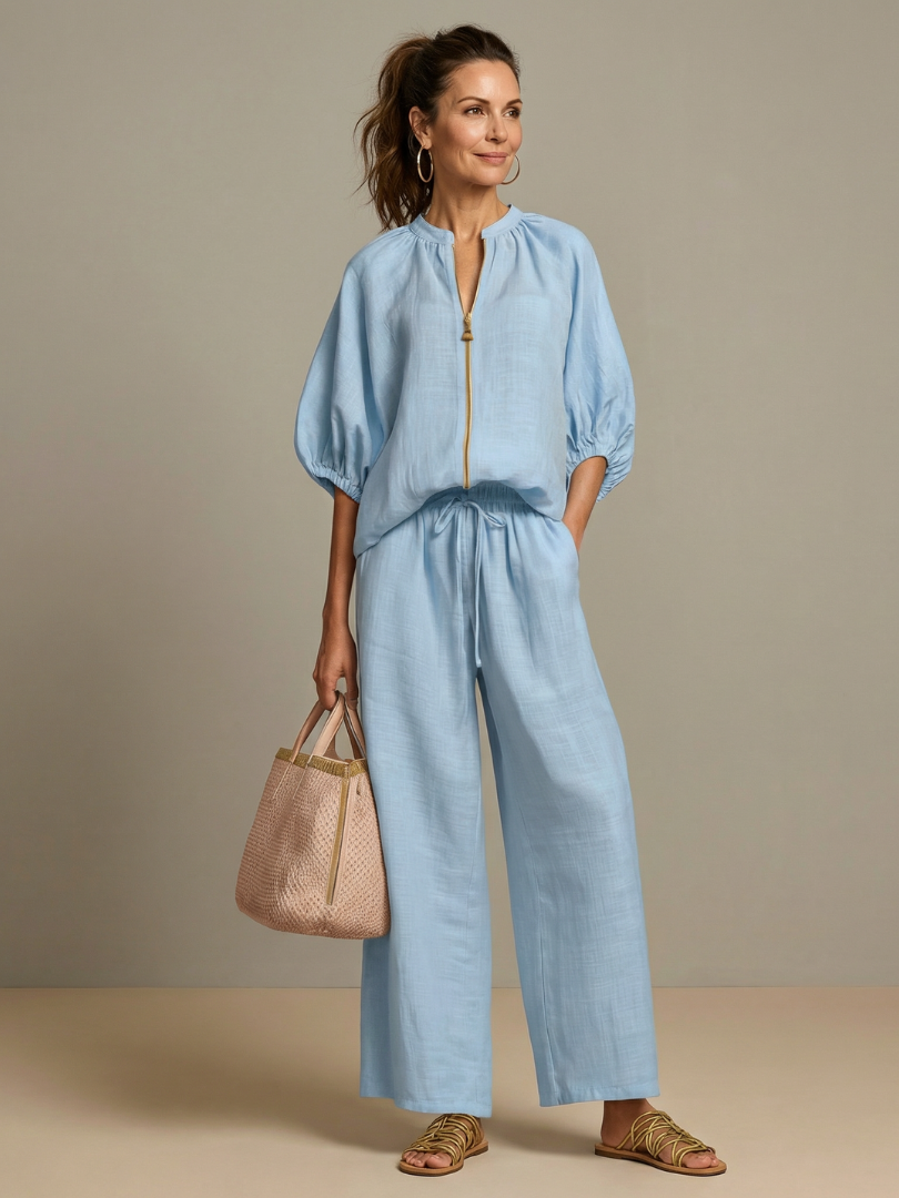 IRIS | FLATTERING ZIP-FRONT BLOUSON SET WITH FLOWING WIDE LEG