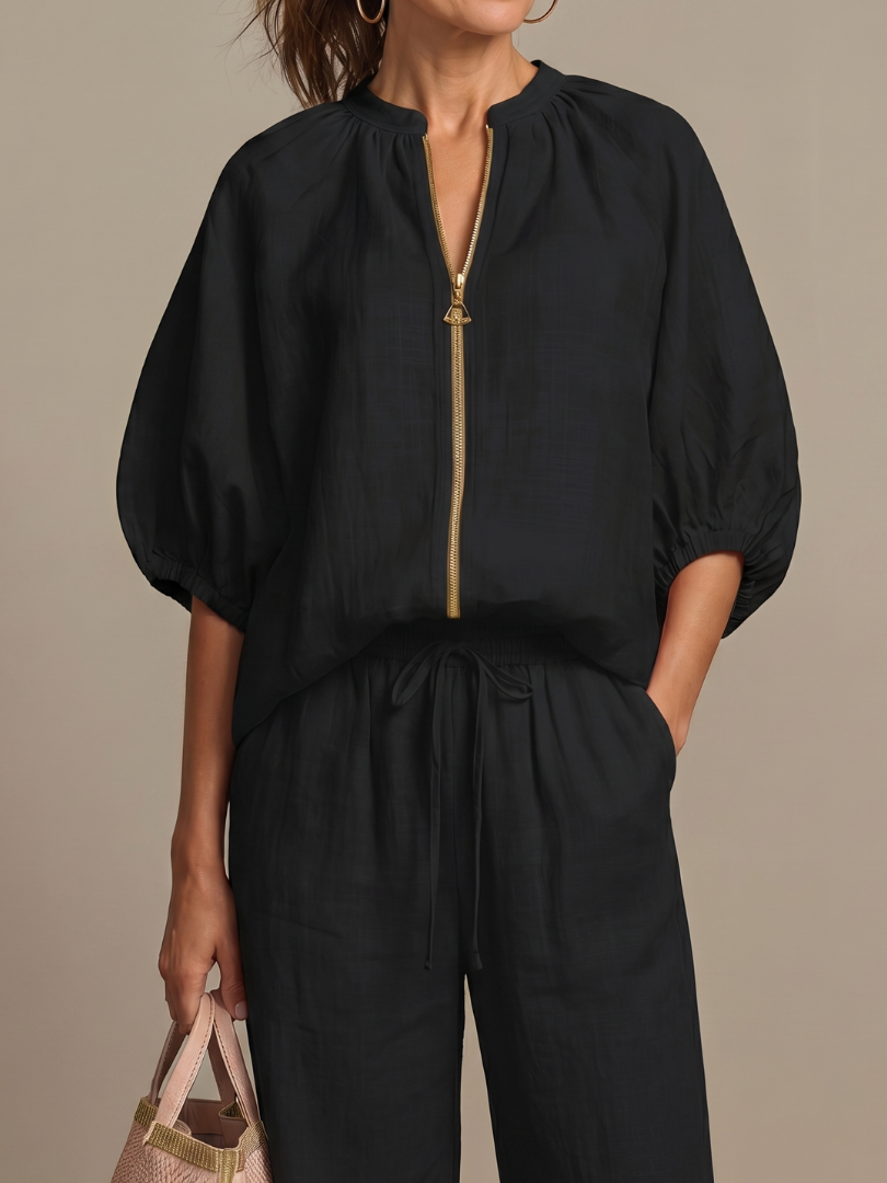 IRIS | FLATTERING ZIP-FRONT BLOUSON SET WITH FLOWING WIDE LEG