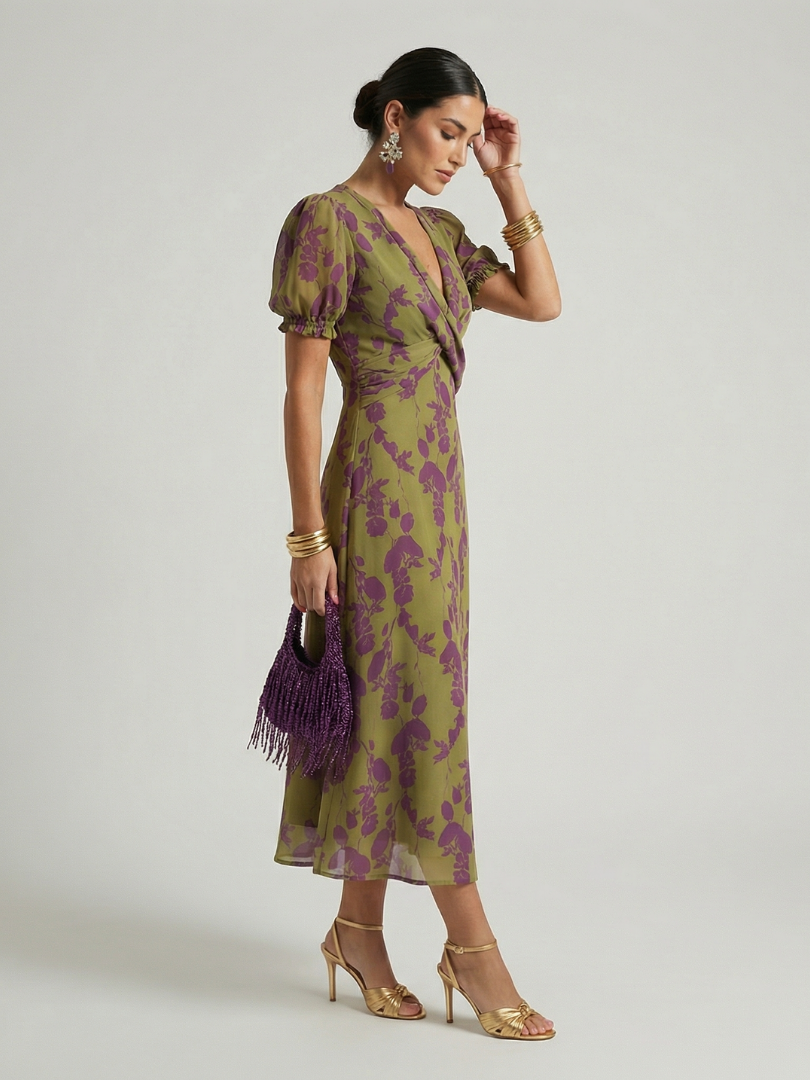 VIREL | ELEGANT FLORAL WRAP MIDI DRESS WITH FLATTERING SILHOUETTE