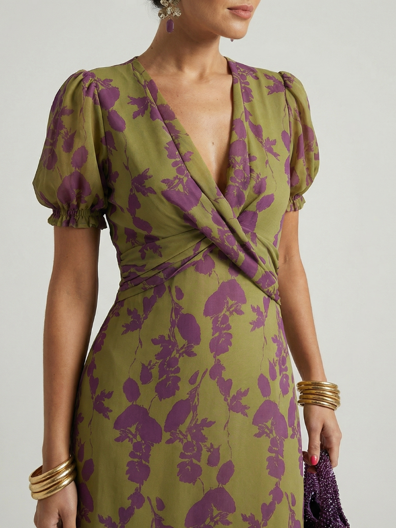 VIREL | ELEGANT FLORAL WRAP MIDI DRESS WITH FLATTERING SILHOUETTE