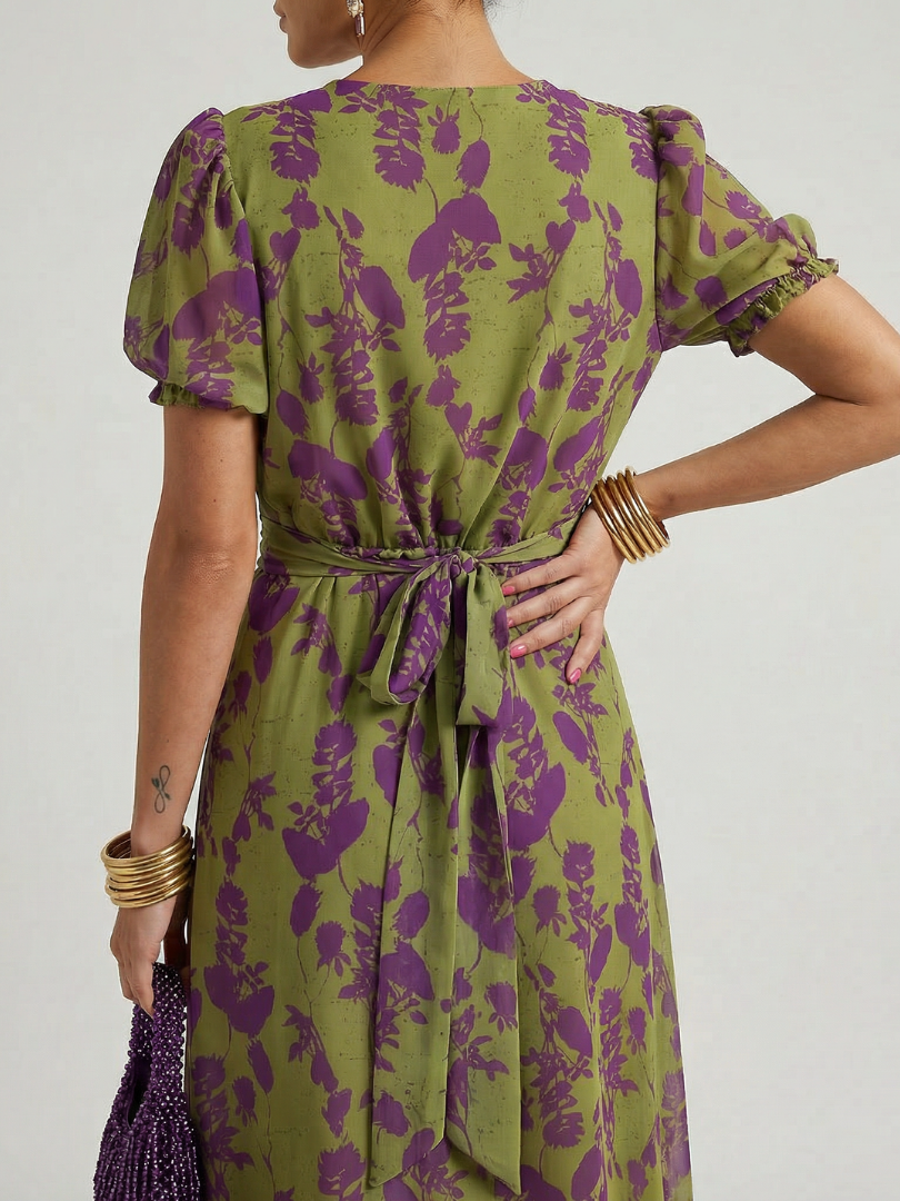 VIREL | ELEGANT FLORAL WRAP MIDI DRESS WITH FLATTERING SILHOUETTE