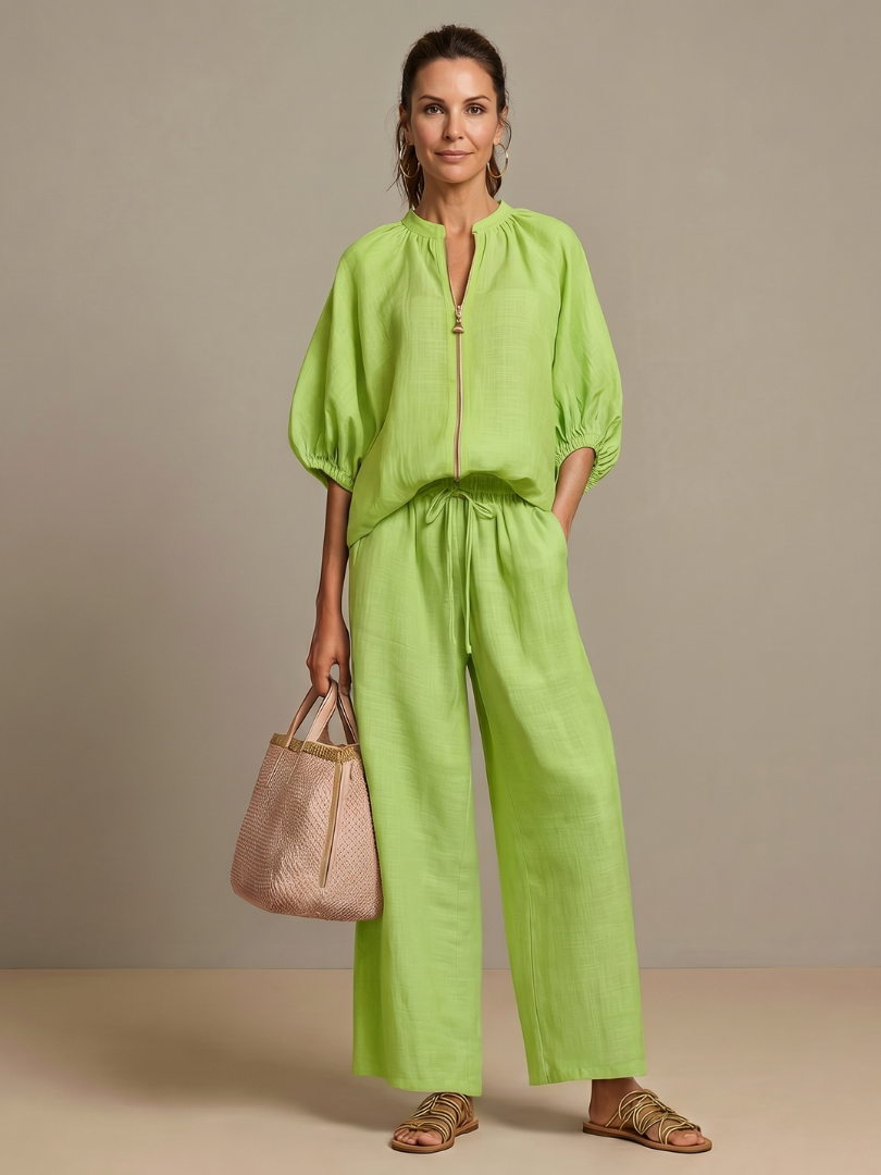 IRIS | FLATTERING ZIP-FRONT BLOUSON SET WITH FLOWING WIDE LEG