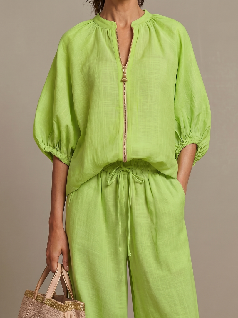 IRIS | FLATTERING ZIP-FRONT BLOUSON SET WITH FLOWING WIDE LEG