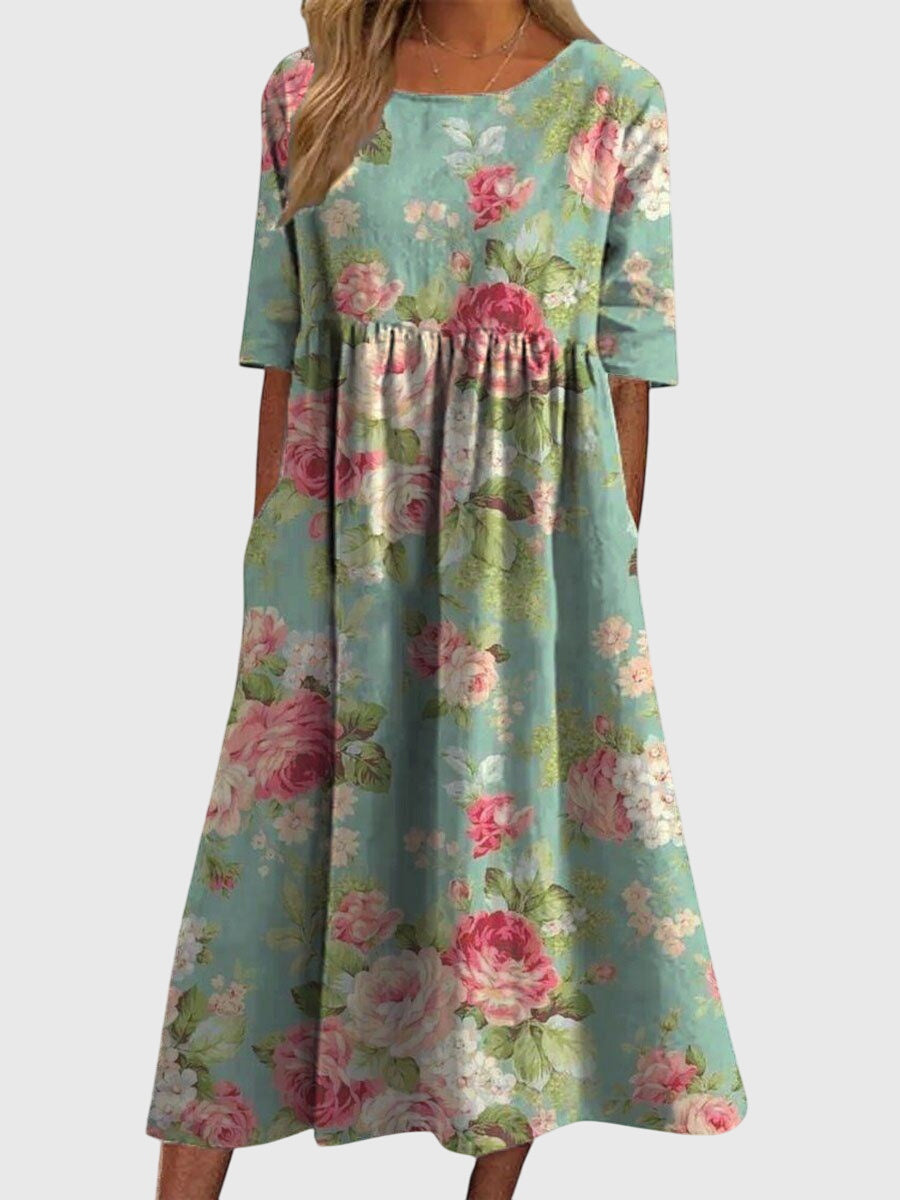 ELEANOR | FLOWING MIDI DRESS WITH EMBROIDERED ELEGANCE
