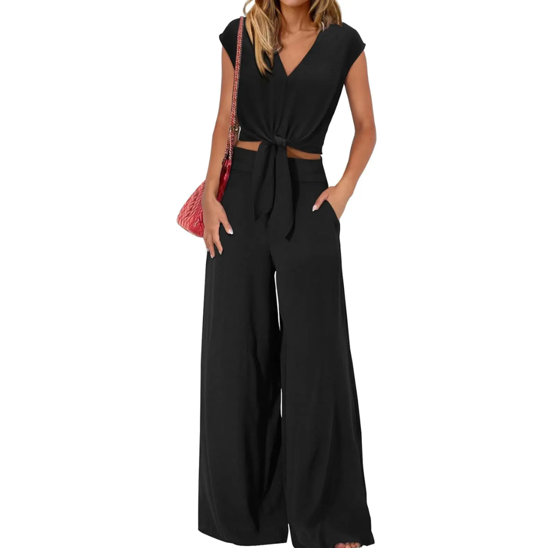 EVA | BREEZY V-NECK WIDE-LEG TWO-PIECE SET