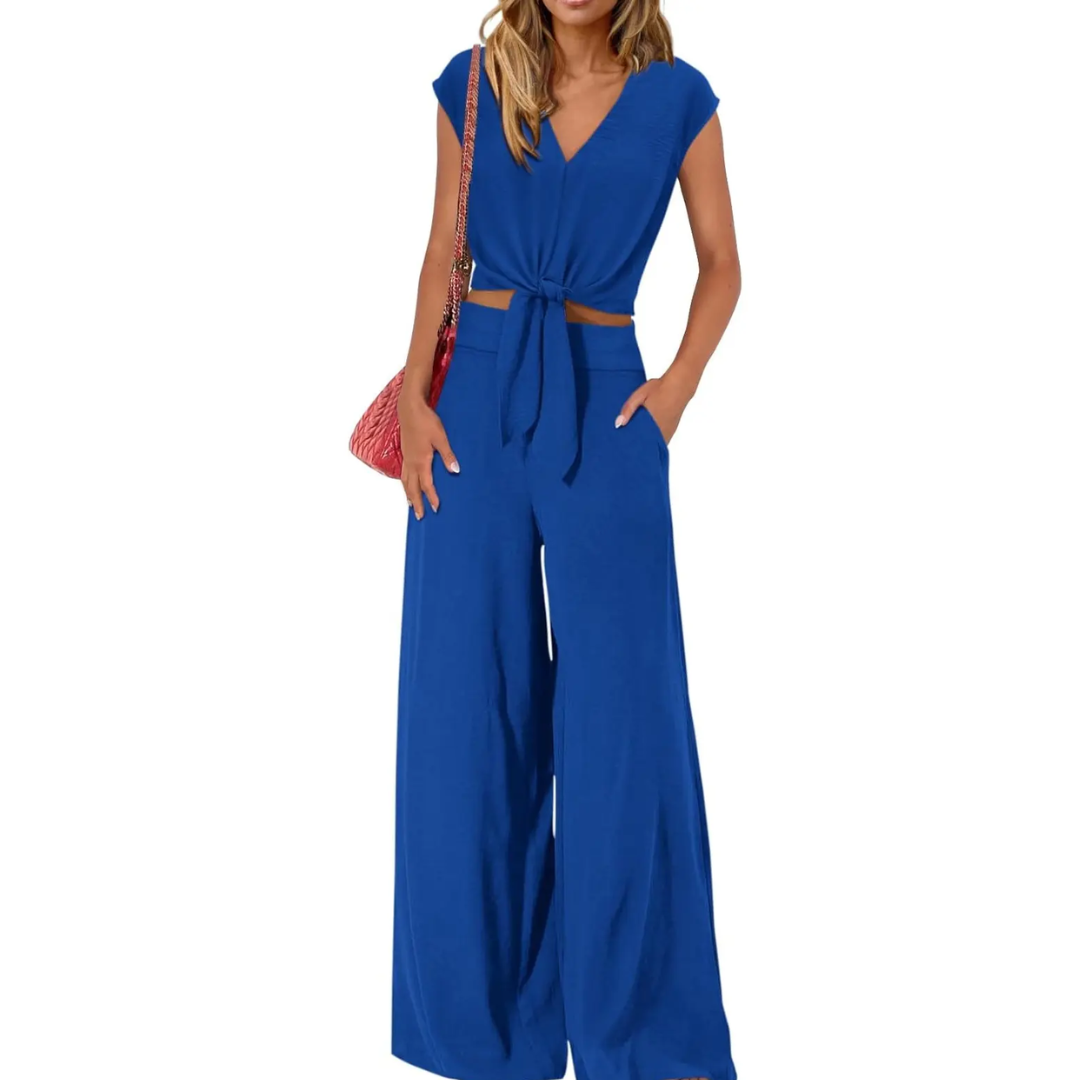EVA | BREEZY V-NECK WIDE-LEG TWO-PIECE SET