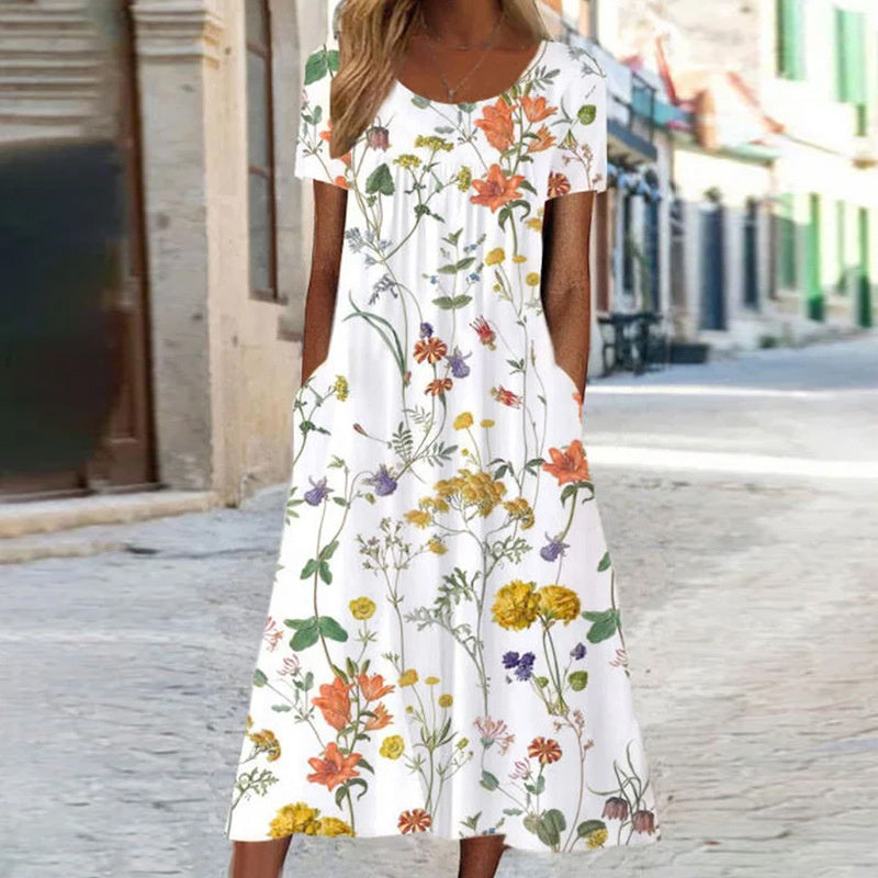 EMILY | FLOWING FLORAL MIDI DRESS WITH FLATTERING DRAPE