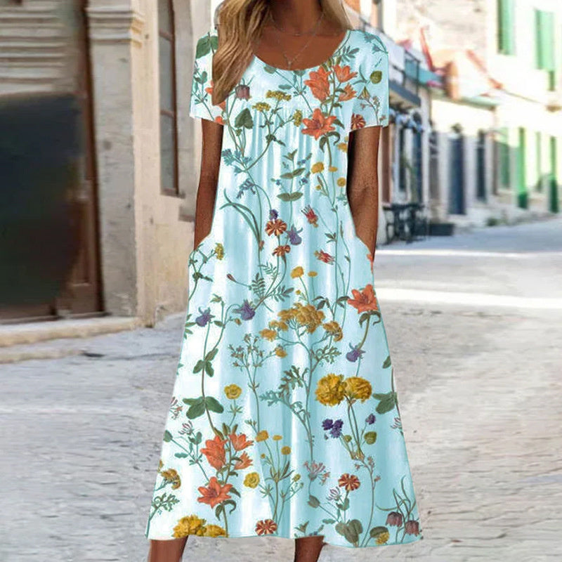 EMILY | FLOWING FLORAL MIDI DRESS WITH FLATTERING DRAPE