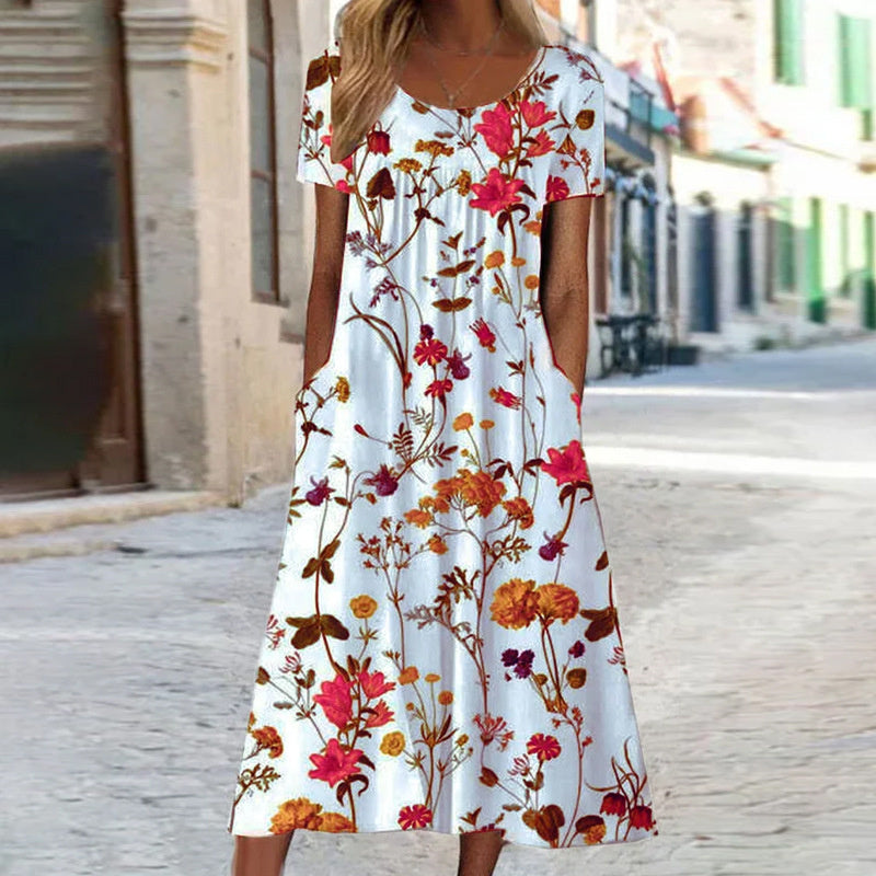 EMILY | FLOWING FLORAL MIDI DRESS WITH FLATTERING DRAPE