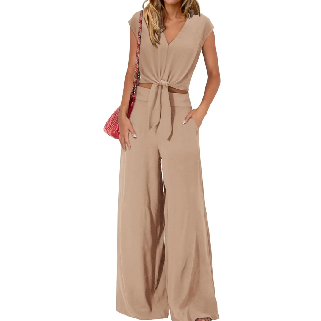 EVA | BREEZY V-NECK WIDE-LEG TWO-PIECE SET