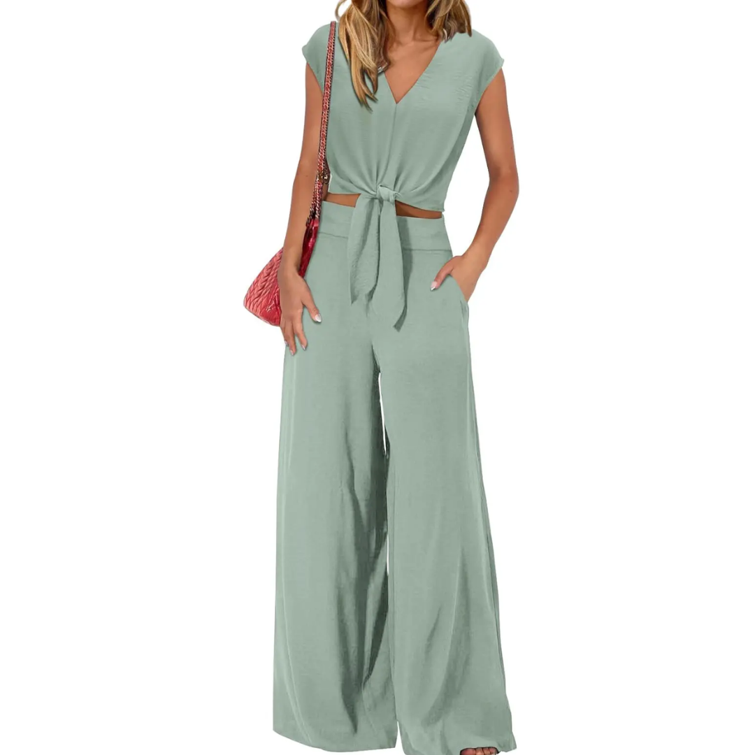 EVA | BREEZY V-NECK WIDE-LEG TWO-PIECE SET