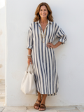 BRONWEN | FLATTERING STRIPED MIDI SHIRT DRESS WITH ELEGANT DRAPE