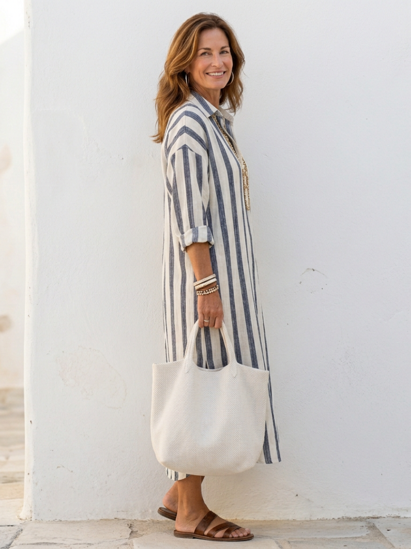 BRONWEN | FLATTERING STRIPED MIDI SHIRT DRESS WITH ELEGANT DRAPE