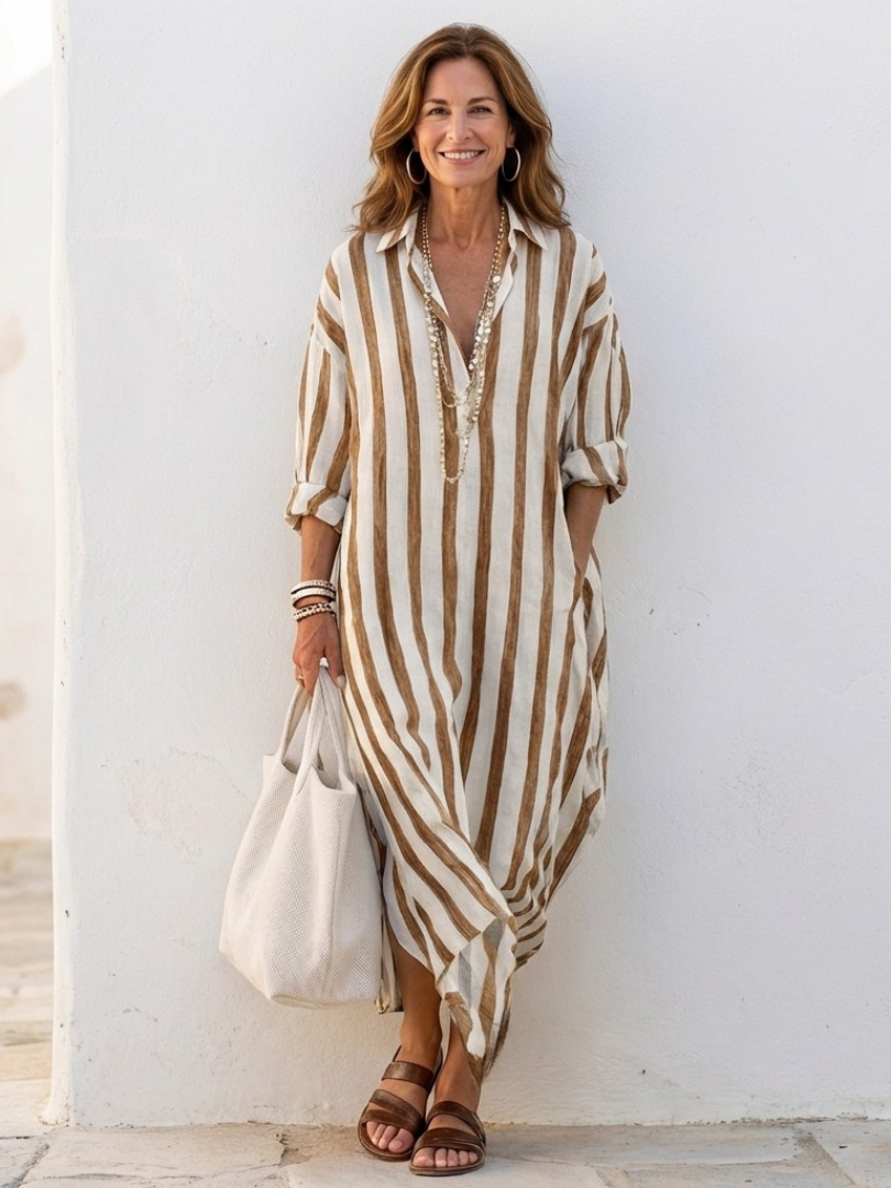 BRONWEN | FLATTERING STRIPED MIDI SHIRT DRESS WITH ELEGANT DRAPE