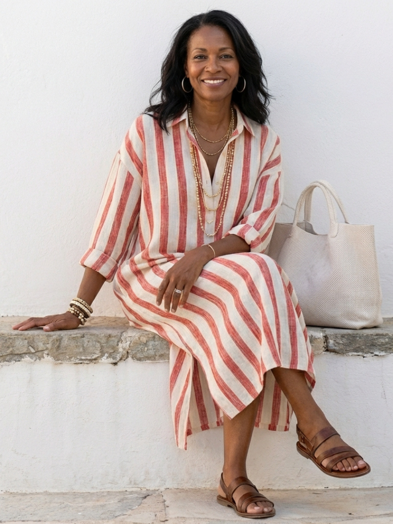 BRONWEN | FLATTERING STRIPED MIDI SHIRT DRESS WITH ELEGANT DRAPE