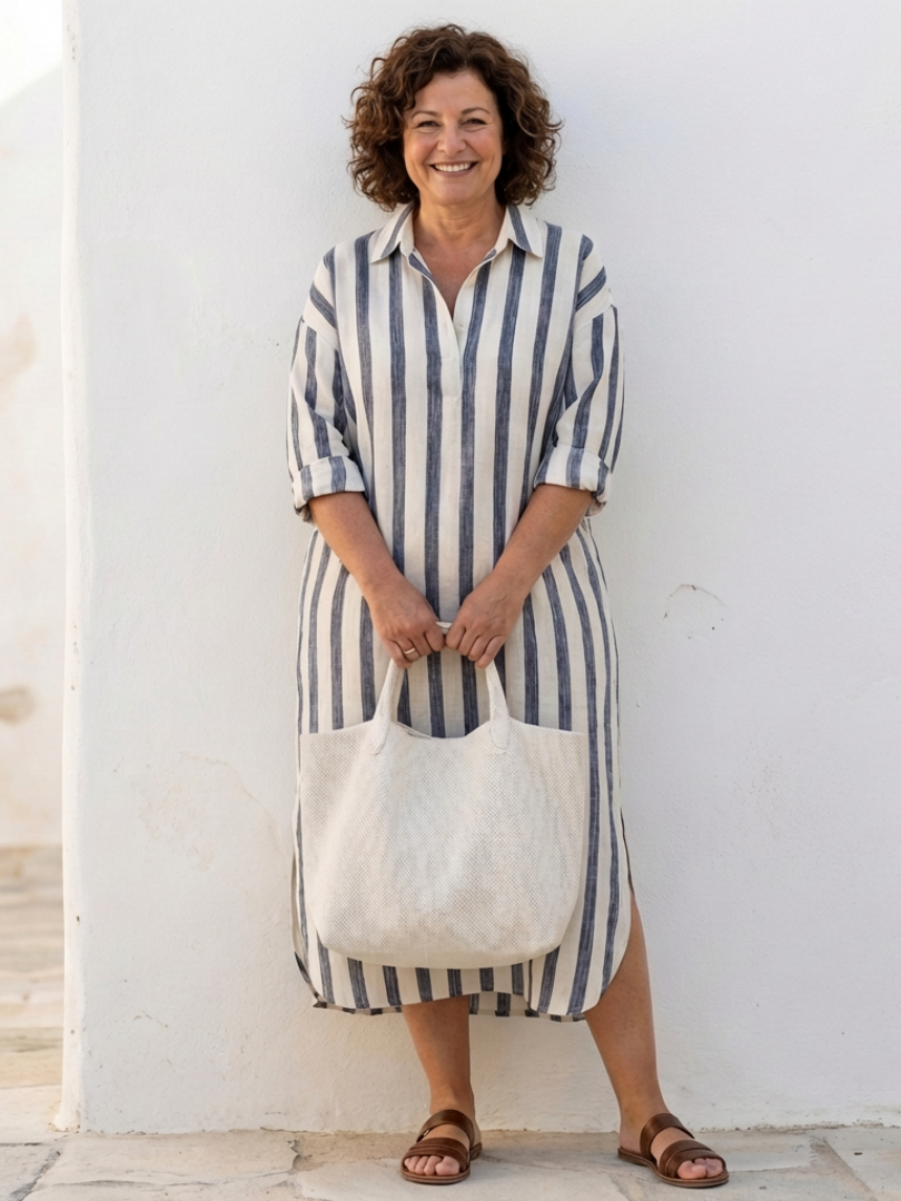 BRONWEN | FLATTERING STRIPED MIDI SHIRT DRESS WITH ELEGANT DRAPE
