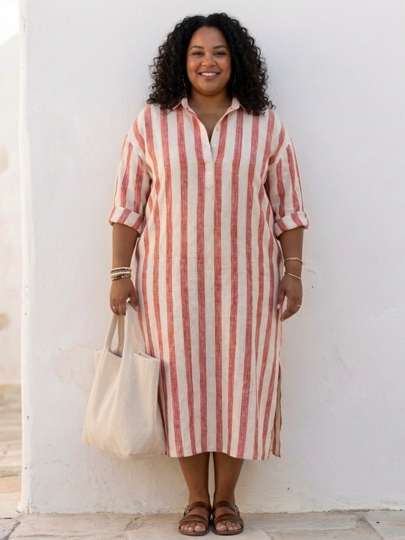 BRONWEN | FLATTERING STRIPED MIDI SHIRT DRESS WITH ELEGANT DRAPE