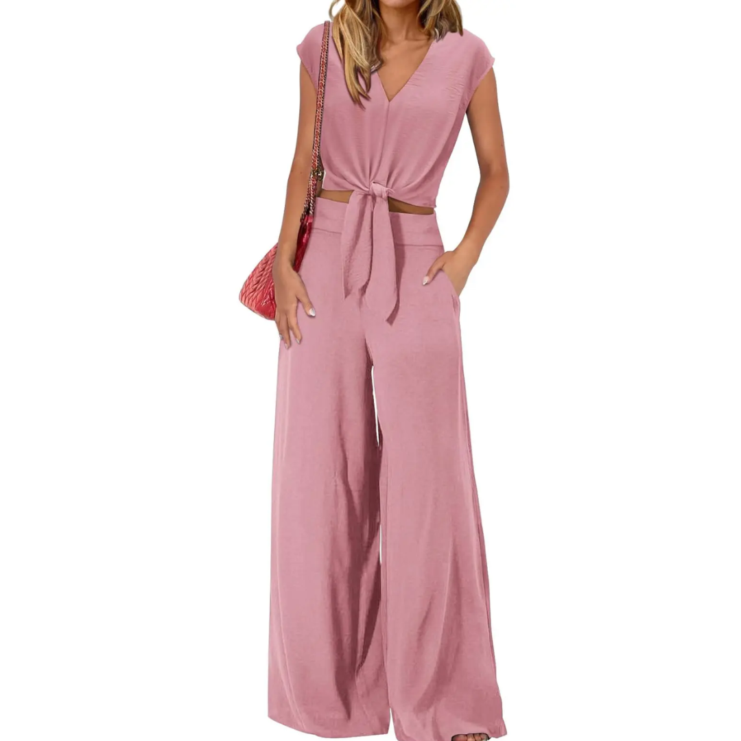 EVA | BREEZY V-NECK WIDE-LEG TWO-PIECE SET
