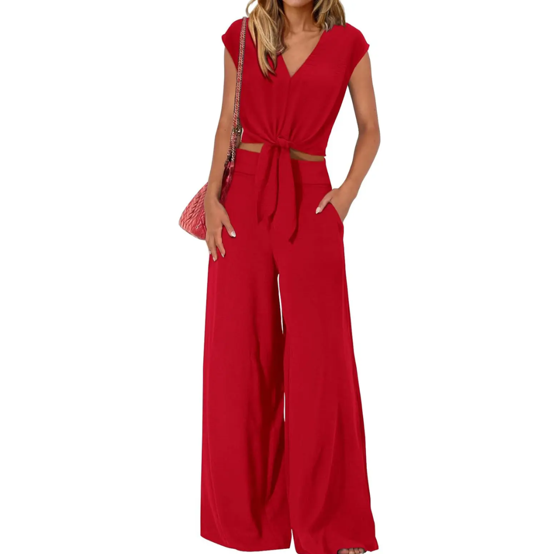 EVA | BREEZY V-NECK WIDE-LEG TWO-PIECE SET