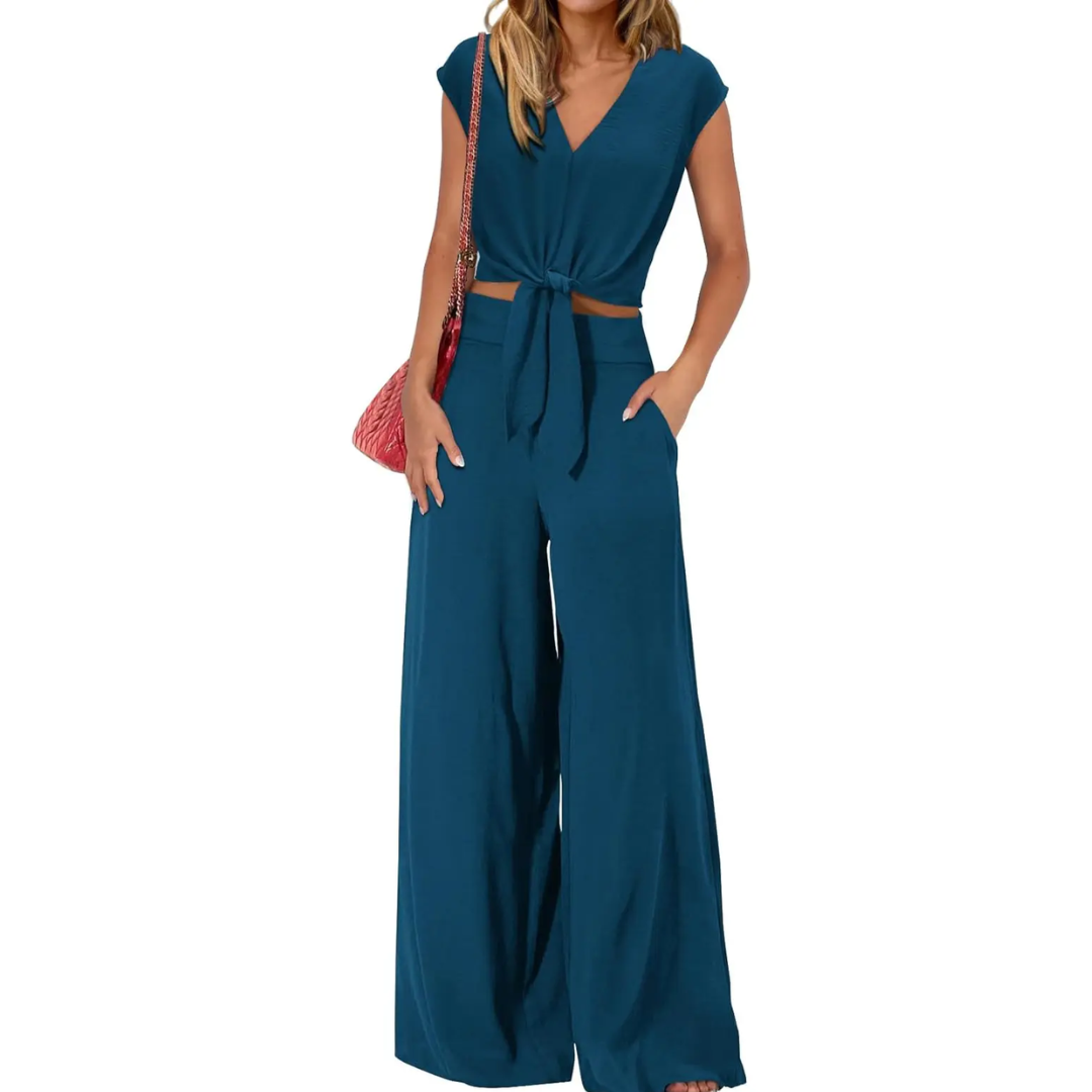 EVA | BREEZY V-NECK WIDE-LEG TWO-PIECE SET
