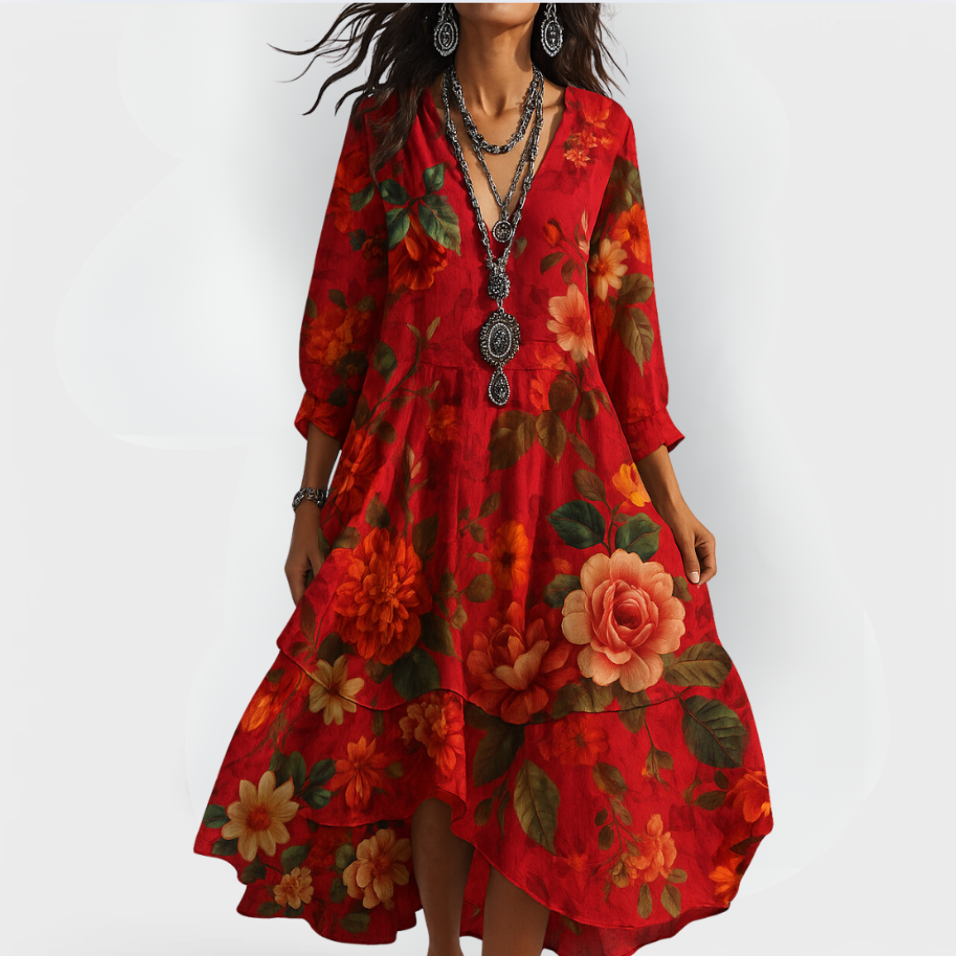 EMILIA | FLOWING FLORAL MIDI DRESS WITH REFINED SILHOUETTE