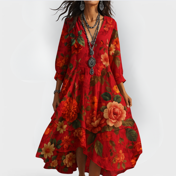 EMILIA | FLOWING FLORAL MIDI DRESS WITH REFINED SILHOUETTE