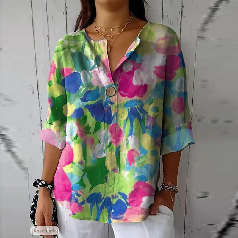 MARY | ELEGANT LINEN-COTTON BLOUSE WITH FLORAL PRINT