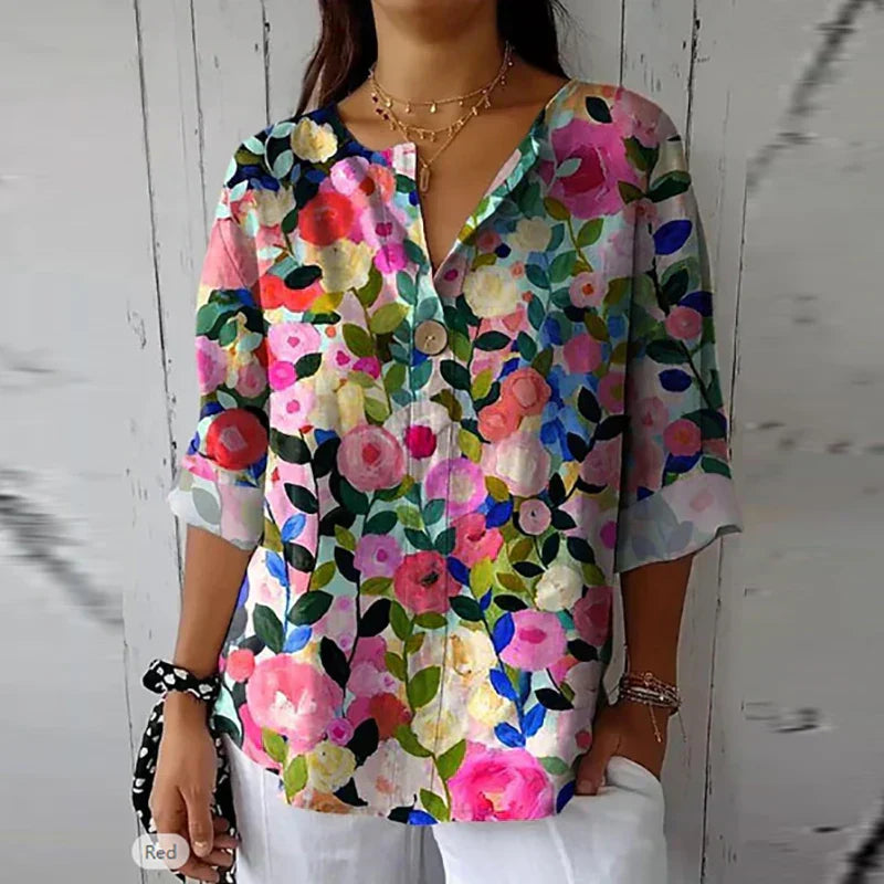 MARY | ELEGANT LINEN-COTTON BLOUSE WITH FLORAL PRINT