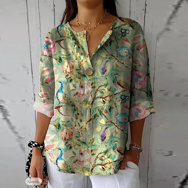 MARY | ELEGANT LINEN-COTTON BLOUSE WITH FLORAL PRINT