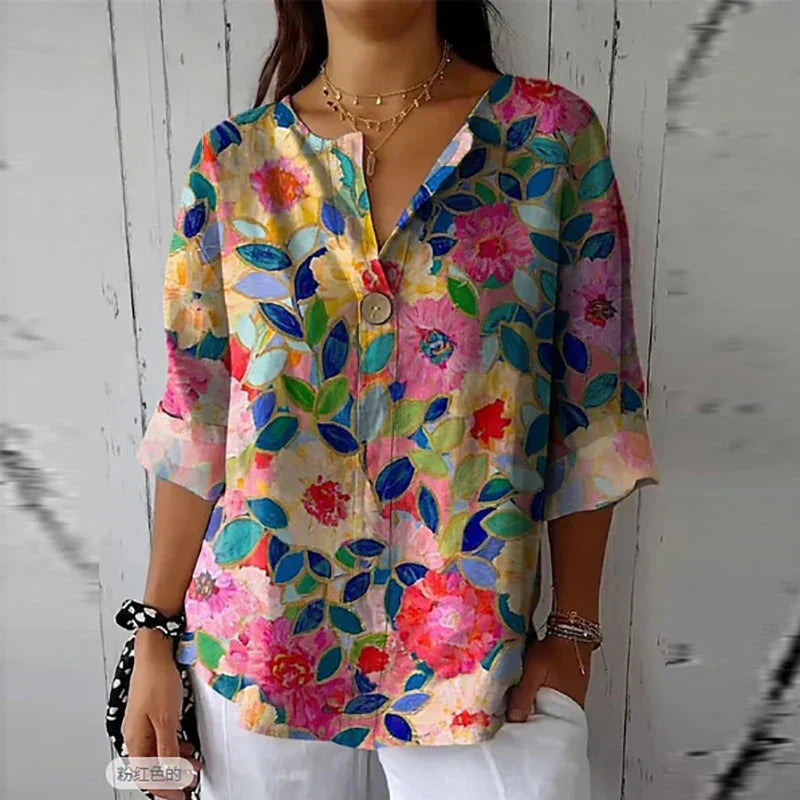MARY | ELEGANT LINEN-COTTON BLOUSE WITH FLORAL PRINT