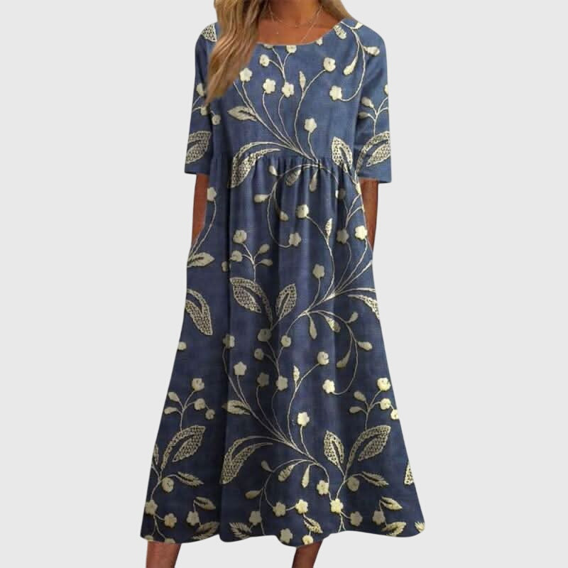 ELEANOR | FLOWING MIDI DRESS WITH EMBROIDERED ELEGANCE