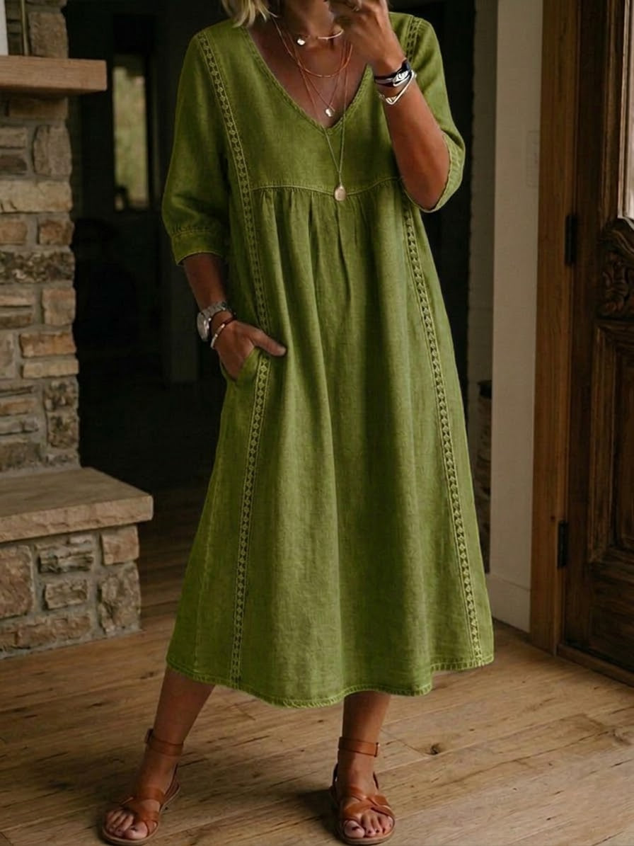 SHANNON | RELAXED FIT LINEN DRESS WITH DELICATE LACE TRIM