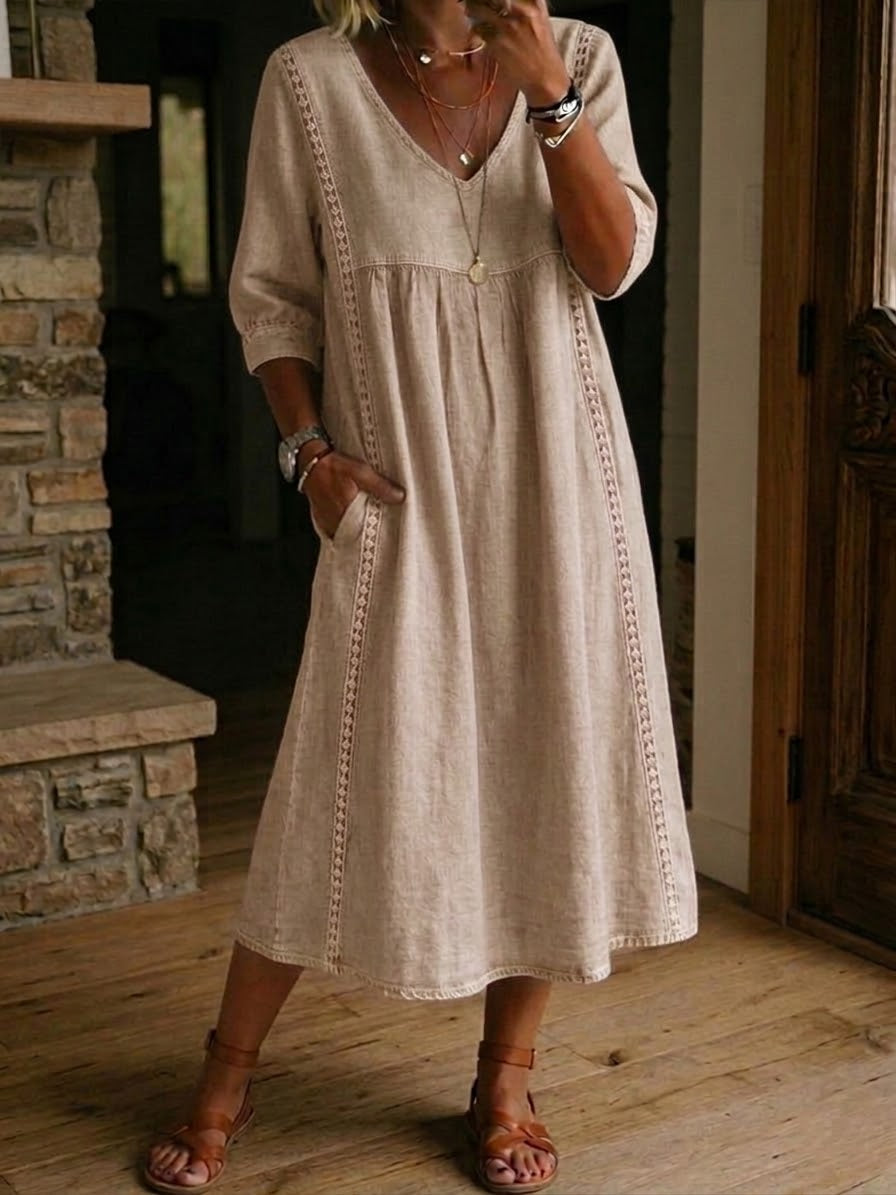 SHANNON | RELAXED FIT LINEN DRESS WITH DELICATE LACE TRIM