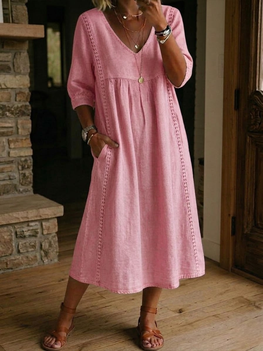 SHANNON | RELAXED FIT LINEN DRESS WITH DELICATE LACE TRIM