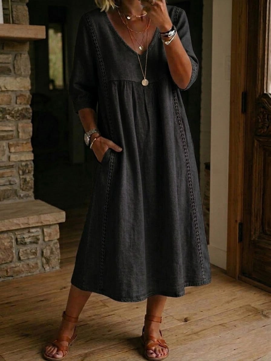 SHANNON | RELAXED FIT LINEN DRESS WITH DELICATE LACE TRIM