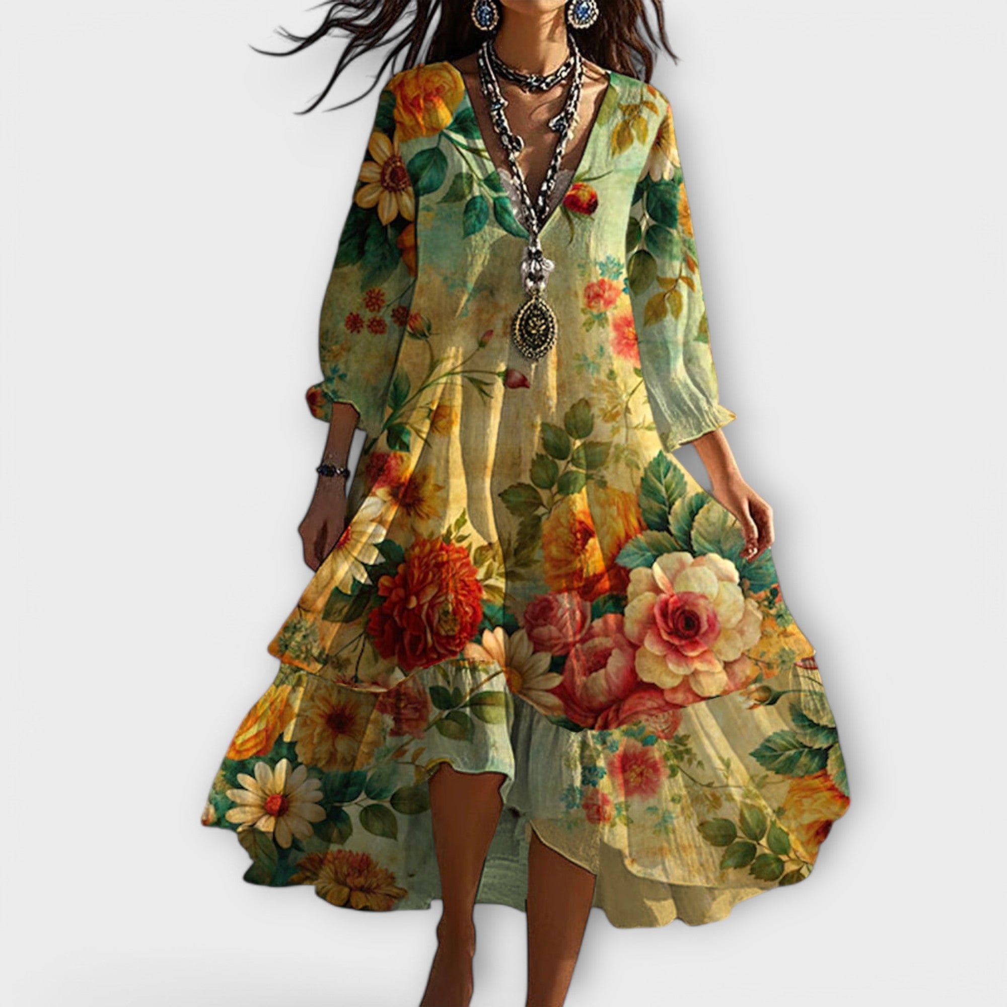 EMILIA | FLOWING FLORAL MIDI DRESS WITH REFINED SILHOUETTE